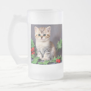Vintage Christmas Kitten en Holly Matglas Bierpul