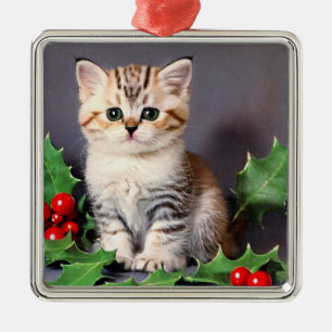 Vintage Christmas Kitten en Holly Metalen Ornament
