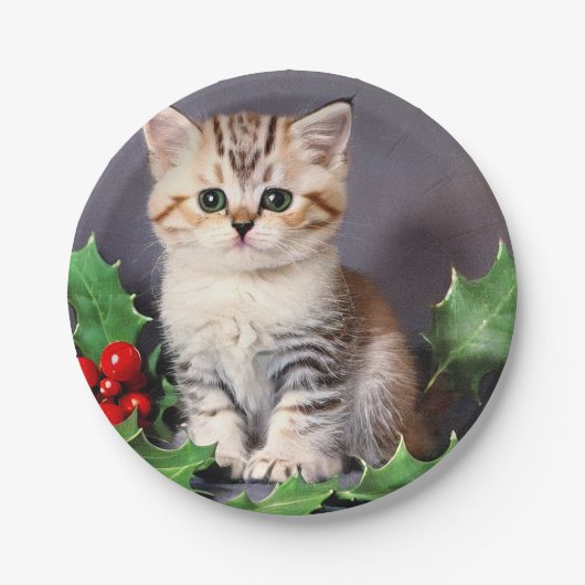 Vintage Christmas Kitten en Holly Papieren Bordje (Voorkant)