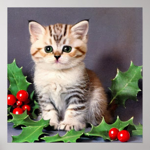 Vintage Christmas Kitten en Holly Poster