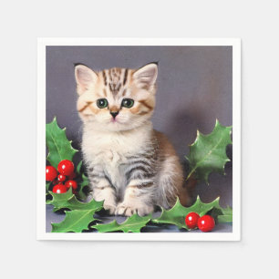 Vintage Christmas Kitten en Holly Servet