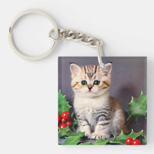 Vintage Christmas Kitten en Holly Sleutelhanger
