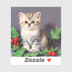 Vintage Christmas Kitten en Holly Sticker