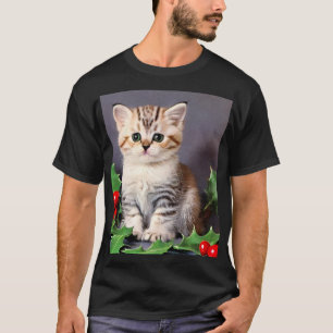 Vintage Christmas Kitten en Holly T-shirt
