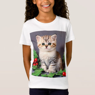 Vintage Christmas Kitten en Holly T-shirt