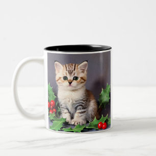 Vintage Christmas Kitten en Holly Tweekleurige Koffiemok
