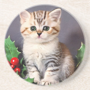 Vintage Christmas Kitten en Holly Zandsteen Onderzetter