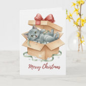 Vintage Christmas Kitten in Gift Box Card Kaart (Gele Bloem)