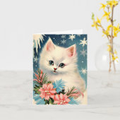 Vintage Christmas Kitten Kaart | Schattige retro (Gele Bloem)