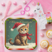 Vintage Christmas Kitten Merry Christmas Papieren Bordje (Feest)