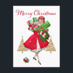 Vintage Christmas Lady Cadeaus Rood Groen Goud Feestdagenkaart<br><div class="desc">Kerstmis zoals het er uitzag in de jaren vijftig met dit retrospectief kunstwerk van een dame die allemaal gekleed was in een roze jurk in rood.</div>
