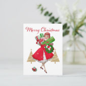 Vintage Christmas Lady Cadeaus Rood Groen Goud Feestdagenkaart (Staand voorkant)