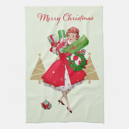 Vintage Christmas Lady Cadeaus Rood Groen Goud Theedoek (Verticaal)