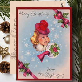 Vintage Christmas Lady Custom Name Briefkaart
