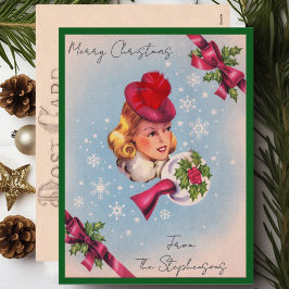 Vintage Christmas Lady Custom Name Briefkaart