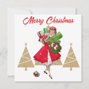 Vintage Christmas Lady Gifts Rood Groen Goud Boom Feestdagenkaart