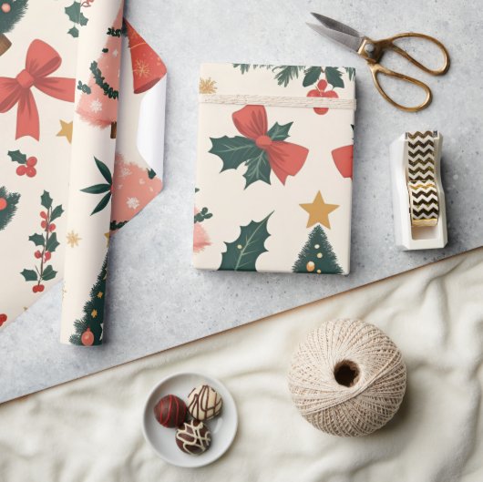 Vintage Christmas Mistletoe & Bows Vakantie Cadeaupapier (Crafts)