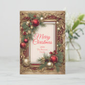 Vintage Christmas Ornamenten en Pine Boughs Feestdagenkaart (Staand voorkant)
