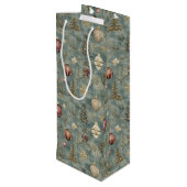 Vintage Christmas Ornaments on Blue Wijn Cadeautas (Achterkant Gekanteld)