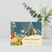 Vintage Christmas Party Cottage Winter Scene Feestdagenkaart (Staand voorkant)