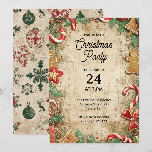 Vintage Christmas Party Invitation Kaart (Voorkant / Achterkant)