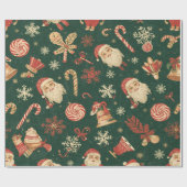 Vintage Christmas Pattern on Green Cadeaupapier (Vlak)
