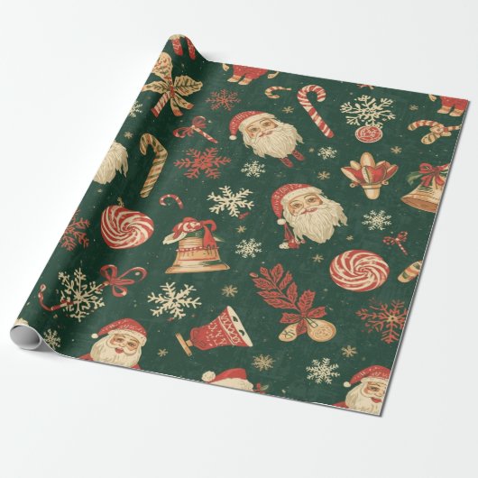 Vintage Christmas Pattern on Green Cadeaupapier (Uitgerold)