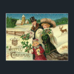 Vintage Christmas postcard Feestdagenkaart<br><div class="desc">This is a gorgeous vintage Christmas postcard of an elegantly dressed young family on their way to church. The father is in a black coat with brown fur and is wearing a smart tall hat. The mother is dressed in a green coat and large hat with feathers. Both are carrying...</div>