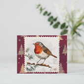 Vintage Christmas Robin postzegel Feestdagenkaart (Staand voorkant)