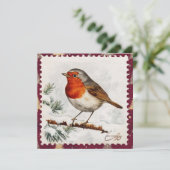 Vintage Christmas Robin postzegel Feestdagenkaart (Staand voorkant)