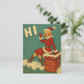 Vintage Christmas Santa Girl On Rooftop  Feestdagenkaart (Staand voorkant)