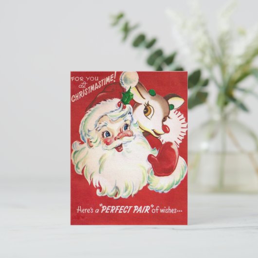 Vintage Christmas Santa Reindeer retro briefkaart (Staand voorkant)