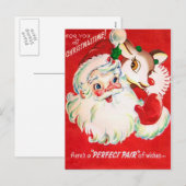 Vintage Christmas Santa Reindeer retro briefkaart (Voorkant / Achterkant)