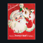 Vintage Christmas Santa Reindeer retro briefkaart<br><div class="desc">ontwerp op www.etsy.com/VanityFlairDesign</div>