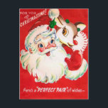 Vintage Christmas Santa Reindeer retro briefkaart<br><div class="desc">ontwerp op www.etsy.com/VanityFlairDesign</div>