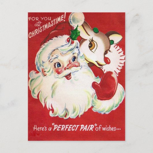 Vintage Christmas Santa Reindeer retro briefkaart (Voorkant)