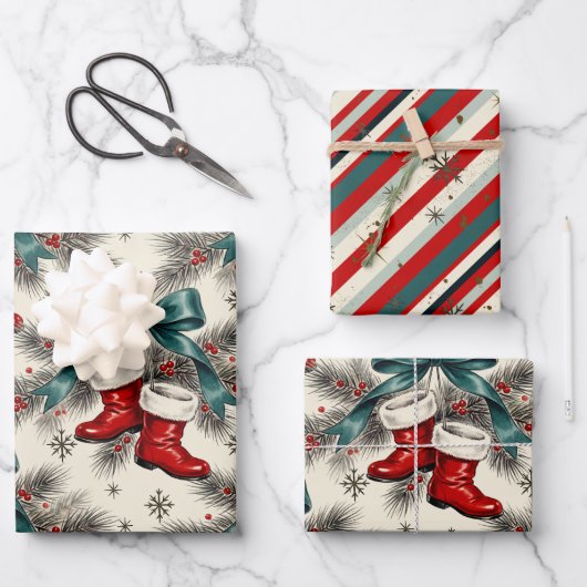 Vintage Christmas Santa’s Boots & Bows Inpakpapier Vel (Voorkant)