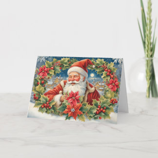 Vintage Christmas Santa With Poinsettia Wreath Feestdagen Kaart