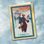 Vintage Christmas Schaats Dancing Paar Feestdagen Kaart<br><div class="desc">De voorkant van dit kerst wenskaart heeft een begin 20e eeuws afbeelding van een paar schaats dansen. De vrouw is gekleed in een rode jas en pet, en het man heeft een groene jas en een vrolijk pet. Achter hen zijn andere schaatsers en een wit tuinhuisje. De bijpassende tekst onderaan...</div>
