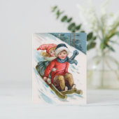 Vintage Christmas Sledding Postcards Feestdagenkaart (Staand voorkant)