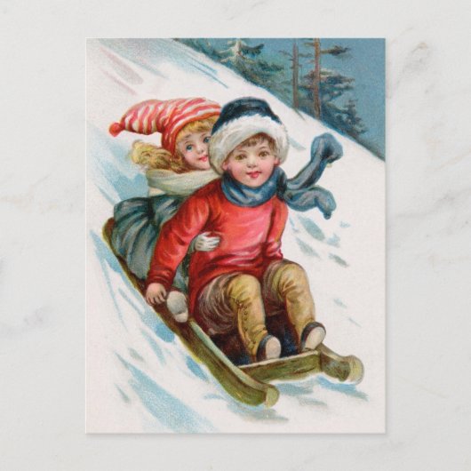 Vintage Christmas Sledding Postcards Feestdagenkaart (Voorkant)