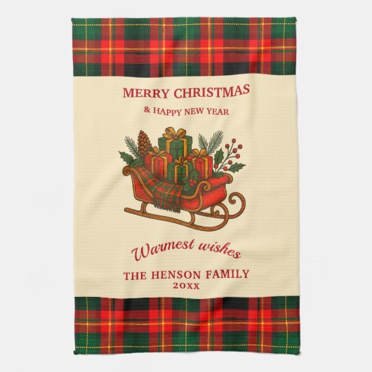 Vintage Christmas Sleigh with Gifts and Plaid  Theedoek (Verticaal)