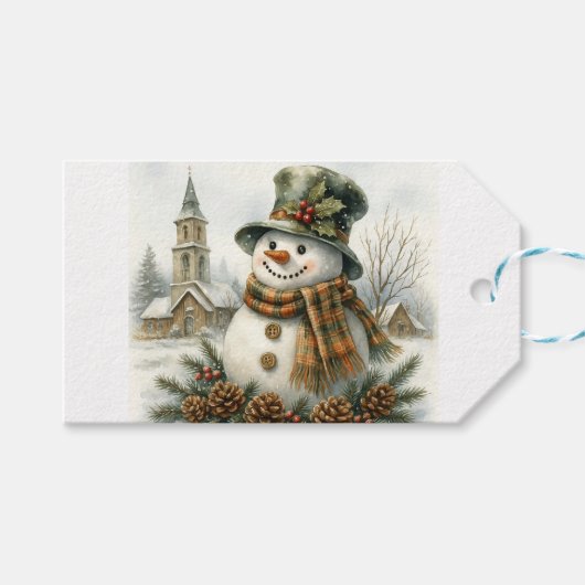 Vintage Christmas Snowman Cadeaulabel (Voorkant (Horizontaal))
