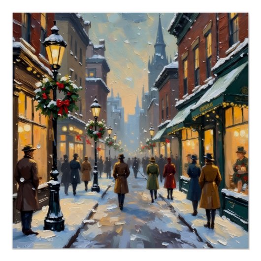 Vintage Christmas Snowy City Street Scene Perfect Poster (Voorkant)