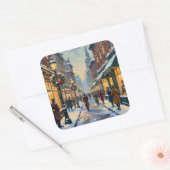 Vintage Christmas Snowy City Street Scene Vierkante Sticker (Envelop)