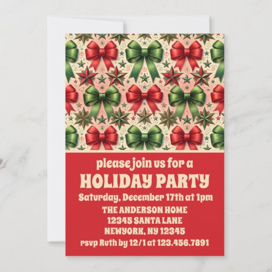 Vintage Christmas Stars and Bows Holiday Party Kaart (Voorkant)