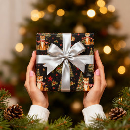 Vintage Christmas Tiger with Christmas Tree Black  Cadeaupapier