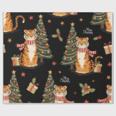 Vintage Christmas Tiger with Christmas Tree Black  Cadeaupapier (Vlak)