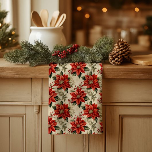 Vintage Christmas Towel Red Poinsettia Design Theedoek