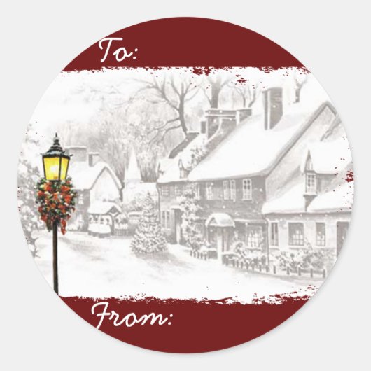 Vintage Christmas Town Cadeau Label Stickers (Voorkant)